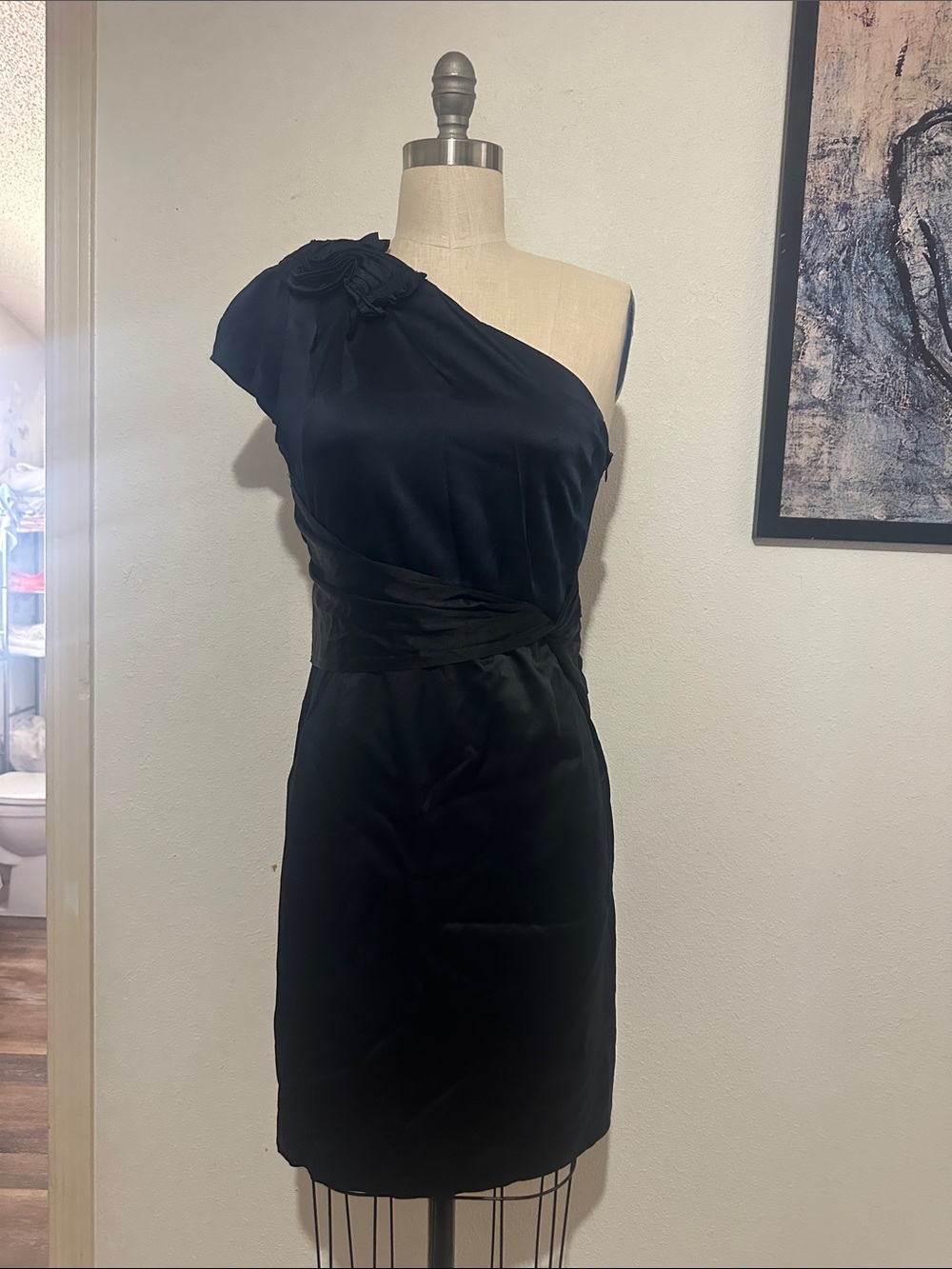 Elie Tahari One-Shoulder Black Satin Cocktail Dress